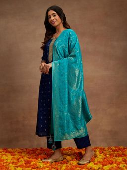 Libas - Women Blue Silk Embroidered Kurta with Pant and Dupatta (Set of 3)