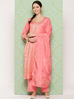 Libas - Women Peach Silk Blend Woven Kurta with Pant and Dupatta (Set of 3)