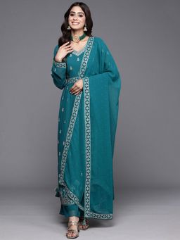 Libas - Women Turquoise Georgette Embroidered Anarkali Kurta with Palazzo and Dupatta (Set of 3)