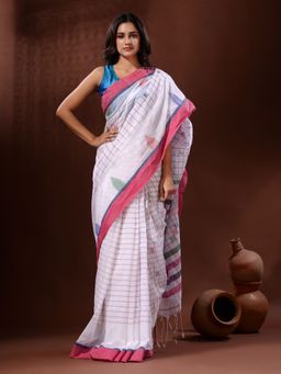 CHARUKRITI - White Cotton Handspun Handwoven Saree with Checkered Design with Unstitched Blouse