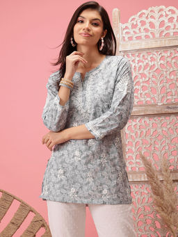 ADA - Hand Embroidered Grey Cotton Lucknow Women Women Chikankari Kurti A911220