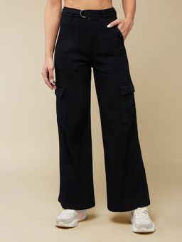 Miss Chase - Women Black Wide Leg High Rise Stretchable Denim Jeans with Belt (Set of 2)