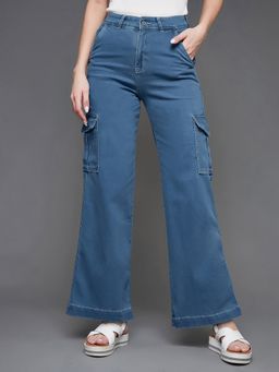 Miss Chase - Women Blue Wide Leg High Rise Clean Look Regular Stretchable Denim Jeans