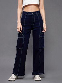Miss Chase - Women Navy Blue Wide Leg High Rise Clean Look Stretchable Denim Jeans