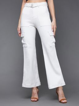 Miss Chase - Women White Wide Leg High Rise Stretchable Denim Jeans with Belt (Set of 2)