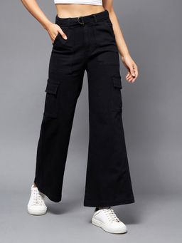 Miss Chase - Women Black Wide Leg High Rise Stretchable Denim Jeans with Belt (Set of 2)