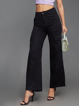 Miss Chase - Women Black Wide-Leg High-Rise Clean-Look Stretchable Denim Cargo Jeans