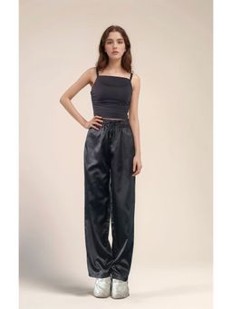 Outzidr - Black Textured Wide Leg Casual Trouser