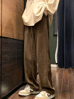 Outzidr - Brown Corduroy Wide Leg Street Style Pant