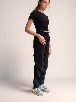 Outzidr - Drawstring Black Cargo Street Style Pant