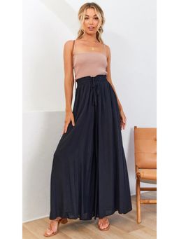 Outzidr - Black Elasticated Waist Band Wide Leg Palazzo