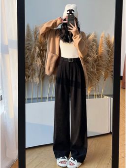 Outzidr - Black Wide Leg Pleated Street Style Pant