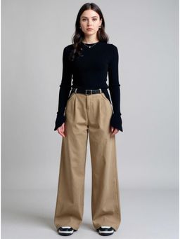 Outzidr - Beige Wide Leg Pleated Street Style Pant