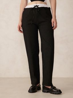 Outzidr - Black Double Waist Band Stripe Casual Trouser