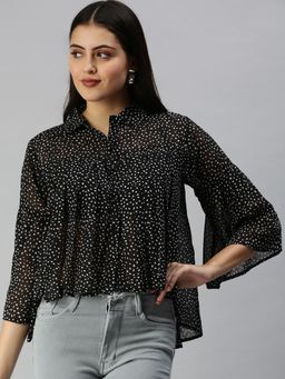 SHOWOFFFF - Women Collar Neck Flare Sleeves Polka Dots Black Top