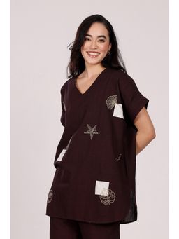 MIDORI BY SGV - Women Mocha Brown V Neck Drop Shoulder Embroidered Tunic In Linen
