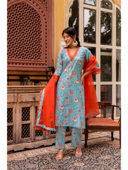 POMCHA - Gaurangi Blue Orange Cotton Floral Print Kurta with Pant and Dupatta (Set of 3)