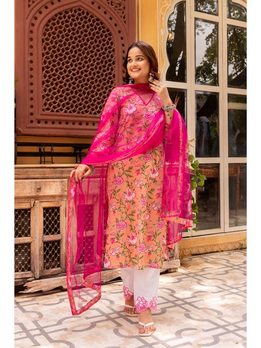 POMCHA Gaurangi Peach Pink Cotton Print Kurta with Pant and Dupatta (Set of 3)