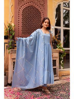 POMCHA - Gaurangi Powder Blue Gota Cotton Anarkali Kurta with Pant and Dupatta (Set of 3)