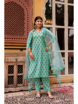 POMCHA - Gaurangi Turquoise Green Cotton Printed Kurta with Pant and Dupatta (Set of 3)