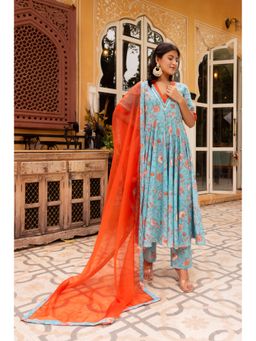 POMCHA - Gaurangi Blue Orange Cotton Floral Anarkali Kurta with Pant and Dupatta (Set of 3)