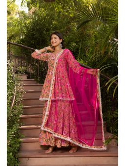 POMCHA - Gaurangi Peach Cotton Floral Sharara with Kurti and Dupatta (Set of 3)