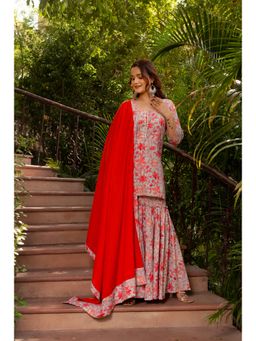 POMCHA - Gaurangi Powder Red Floral Print Cotton Sharara with Kurti and Dupatta (Set of 3)