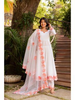 POMCHA - Gaurangi Orange Embroidery Cotton White Anarkali Kurta with Pant and Dupatta (Set of 3)