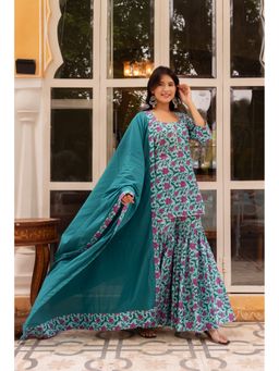 POMCHA - Gaurangi Kanchan Blue Printed Sharara with Kurti and Dupatta (Set of 3)