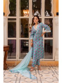 POMCHA - Gaurangi Aasmani Blue Cotton Kurta with Pant and Dupatta (Set of 3)