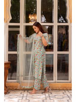 POMCHA - Gaurangi Pista Green Jaal Print Cotton Kurta with Pant and Dupatta (Set of 3)