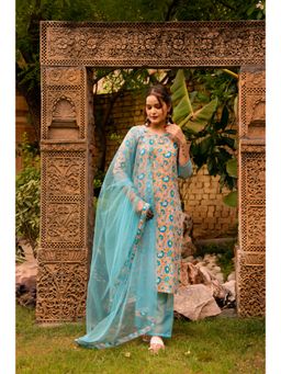 POMCHA - Gaurangi Blue Peach Phool Jaal Kurta with Pant and Dupatta (Set of 3)