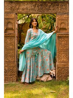 POMCHA - Gaurangi Chatak Blue Cotton Sharara with Kurti and Dupatta (Set of 3)