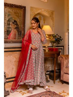 POMCHA - Gaurangi Grey Phool Jaal Cotton Anarkali Kurta with Pant and Dupatta (Set of 3)