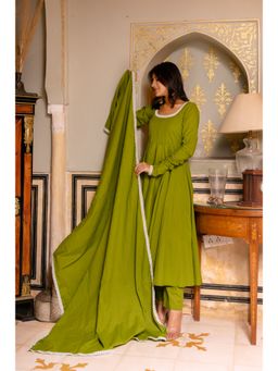 POMCHA - Gaurangi Green Embroidery Cotton Anarkali Kurta with Pant and Dupatta (Set of 3)
