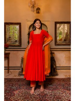 POMCHA - Gaurangi Red Gotta Embroidery Cotton Anarkali Kurta with Pant and Dupatta (Set of 3)