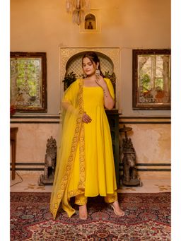 POMCHA - Gaurangi Yellow Gota Embroidery Cotton Anarkali Kurta with Pant and Dupatta (Set of 3)