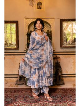 POMCHA - Gaurangi White Phool Powder Blue Anarkali Kurta with Palazzo and Dupatta (Set of 3)