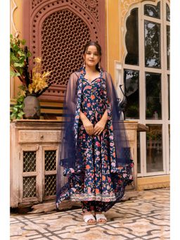 POMCHA - Gaurangi Prisha Navy Blue Painted Cotton Anarkali Kurta with Pant and Dupatta (Set of 3)