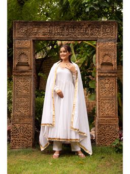 POMCHA - Gaurangi Mahira White Cotton Anarkali Kurta with Pant and Dupatta (Set of 3)