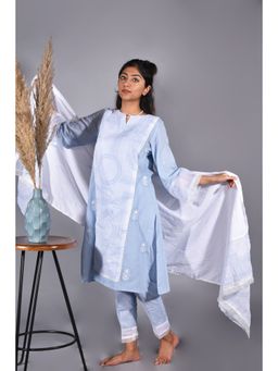 Zuri - Blue Printed Embroidered Cotton Kurta with Pleat Pant - Set of 2