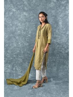 Zuri - Green Zari Embroidered Silk Kurta with Lace Pant and Dupatta - Set of 3