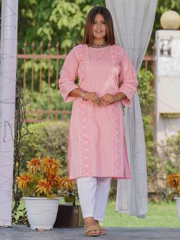 Zuri - Pink Embroidered Pintuck Cotton Kurta with White Pant - Set of 2