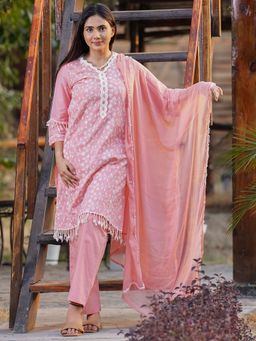 Zuri - Peachy Pink Embroidered Lace Cotton Kurta with Cotton Pant and Chiffon Dupatta - Set of 3