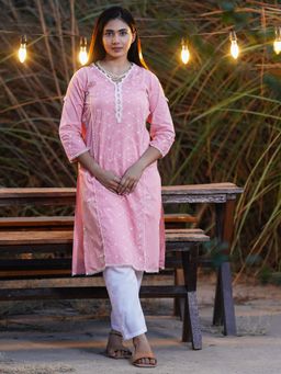 Zuri - Pink Embroidered V-Neck Cotton Kurta with White Pant - Set of 2