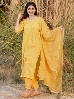 Zuri - Yellow Embroidered Cotton Gathered Kurta with Embroidered Pant and Dupatta - Set of 3