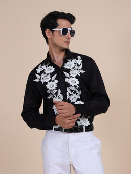 R R Blue - Black Applique Flora Shirt