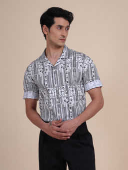 R R Blue - White Printed Cuban Shirt