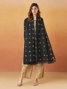 Fabindia - Women Pure Wool Black Printed Shawl