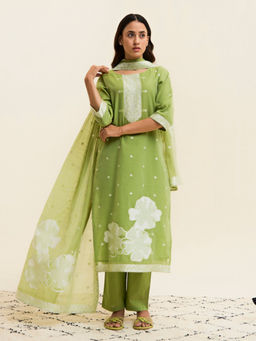 Jaipur Kurti - Green Chanderi Jacquard Floral Self-Woven Kurta Pant with Dupatta (Set of 3)